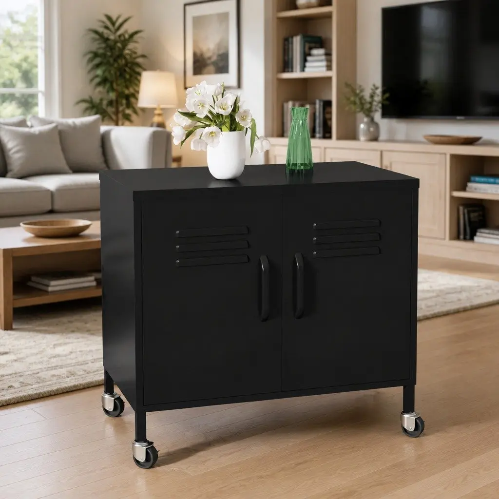 Steel Storage Cabinet for Home 60x35x56cm Black with Locking Wheels Adjustable Shelf Organizer