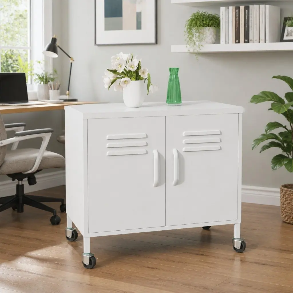 Storage Cabinet White Steel 60x35x56 cm Adjustable Shelf with Wheels