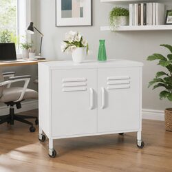 Storage Cabinet White Steel 60x35x56 cm Adjustable Shelf Wheels Brakes