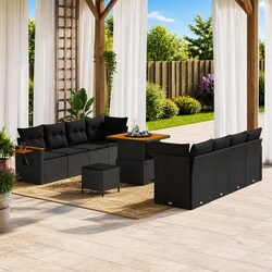 11-Piece Modular Sofa Set - Black Poly Rattan & Acacia