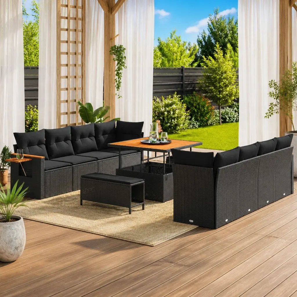 Garden Sofa Set 11 Pieces Outdoor Furniture Modular Black Poly Rattan for Patio and Garden
