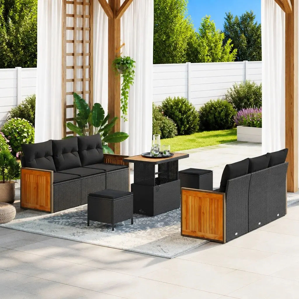 9 Piece Modular Outdoor Seating Sofa Set Black Poly Rattan Garden Furniture