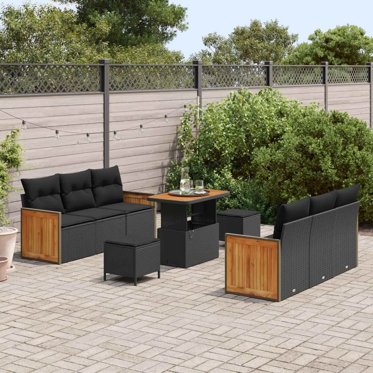 9 Piece Modular Outdoor Seating Sofa Set Black Poly Rattan Garden Furniture
