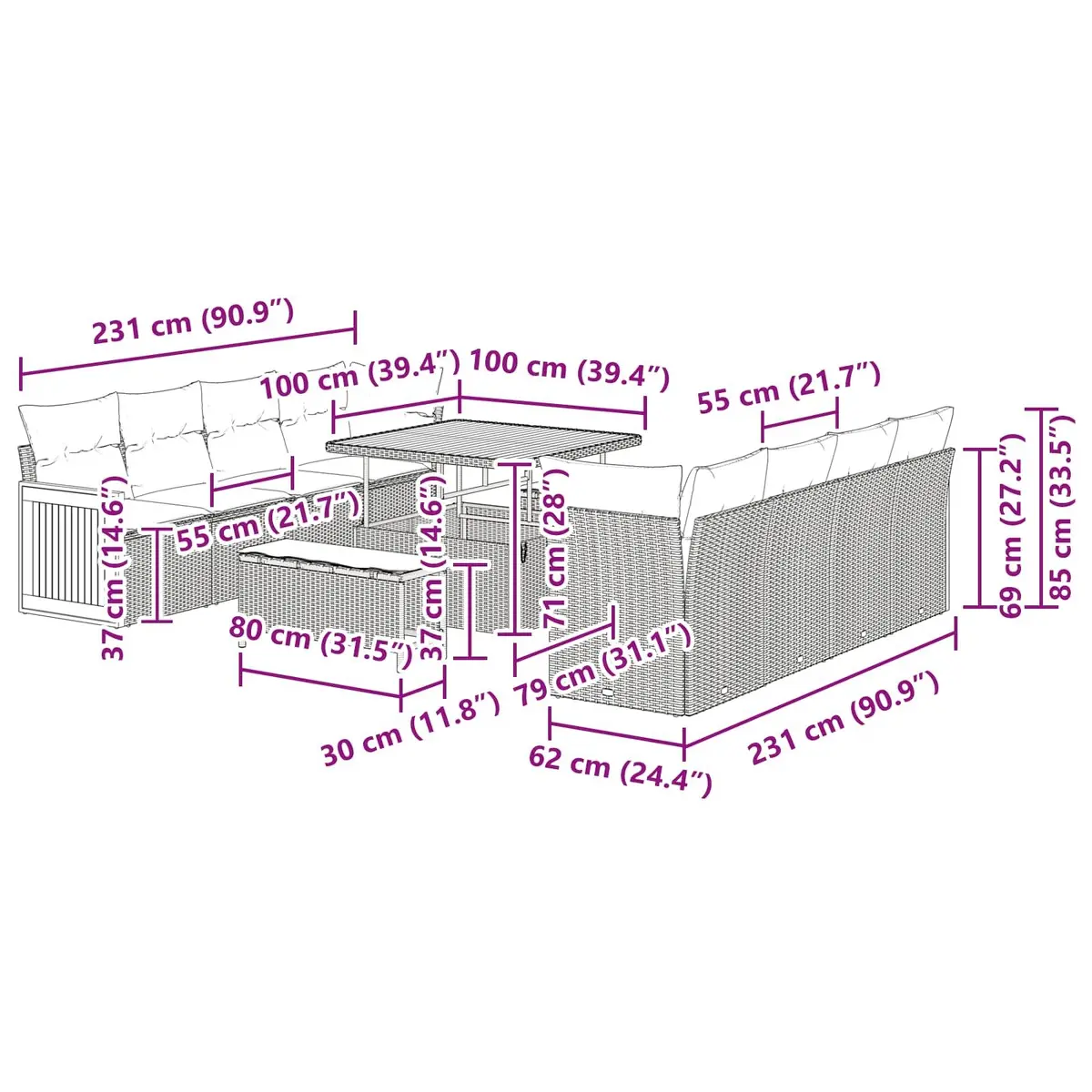 11PieceBlackOutdoorLoungeSofaSetwithCushionsforGardenPatioSeating