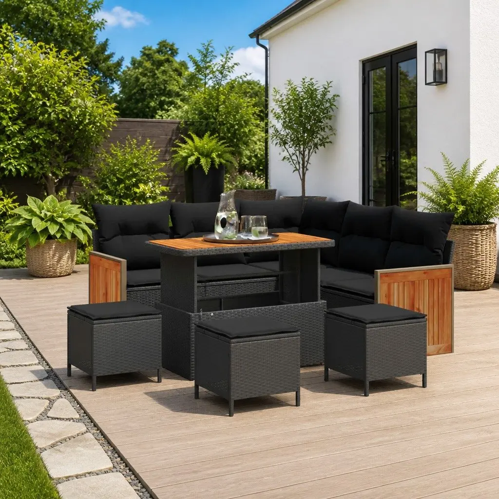Garden Sofa Set 9 Piece Black Poly Rattan Steel Frame for Patio Outdoor Lounge