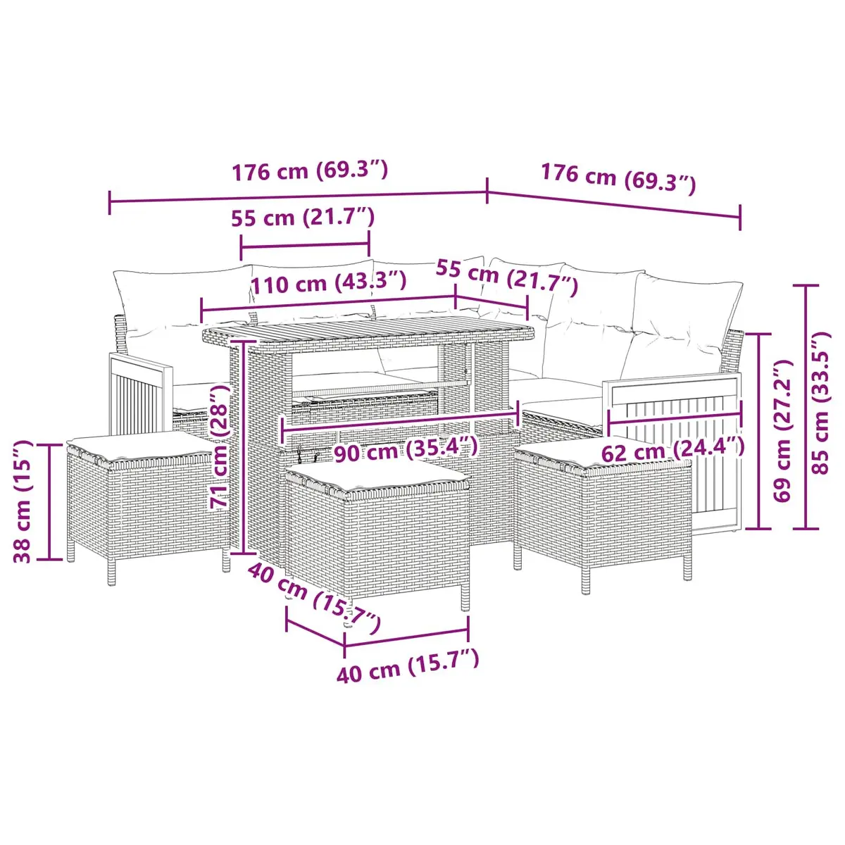Garden Sofa Set 9 Piece Black Poly Rattan Steel Frame for Patio Outdoor Lounge