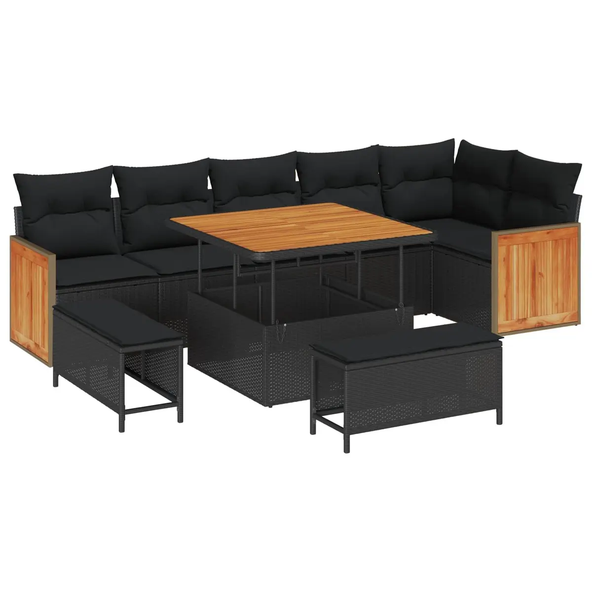 Garden Sofa Set 9 Piece Outdoor Seating Black Poly Rattan Steel Frame Patio Lounge