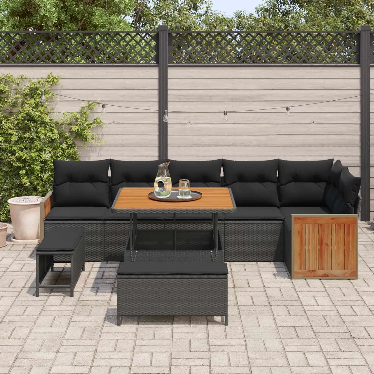 Garden Sofa Set 9 Piece Outdoor Seating Black Poly Rattan Steel Frame Patio Lounge
