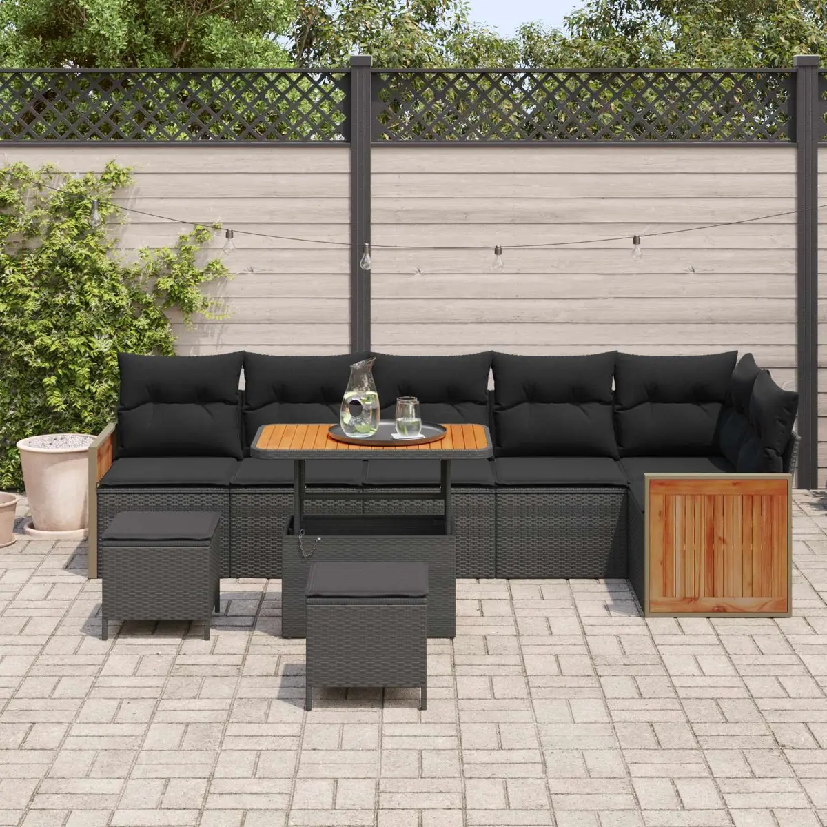 Garden Sofa Set 9 Pieces Outdoor Seating Black Poly Rattan Steel Frame Patio