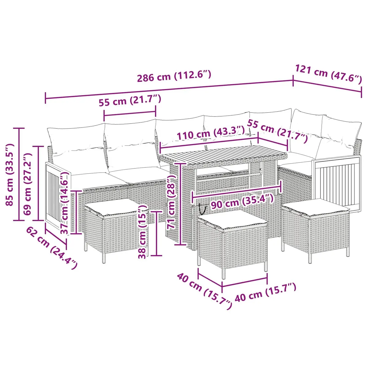 10 Piece Black Poly Rattan Sofa Set for Outdoor Garden Patio with Removable Cushions