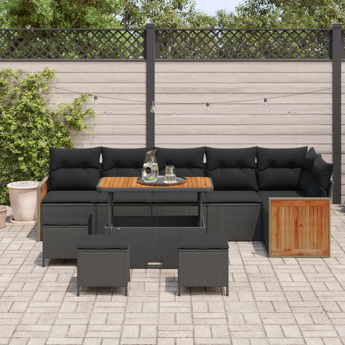 10 Piece Black Poly Rattan Sofa Set for Outdoor Garden Patio with Removable Cushions