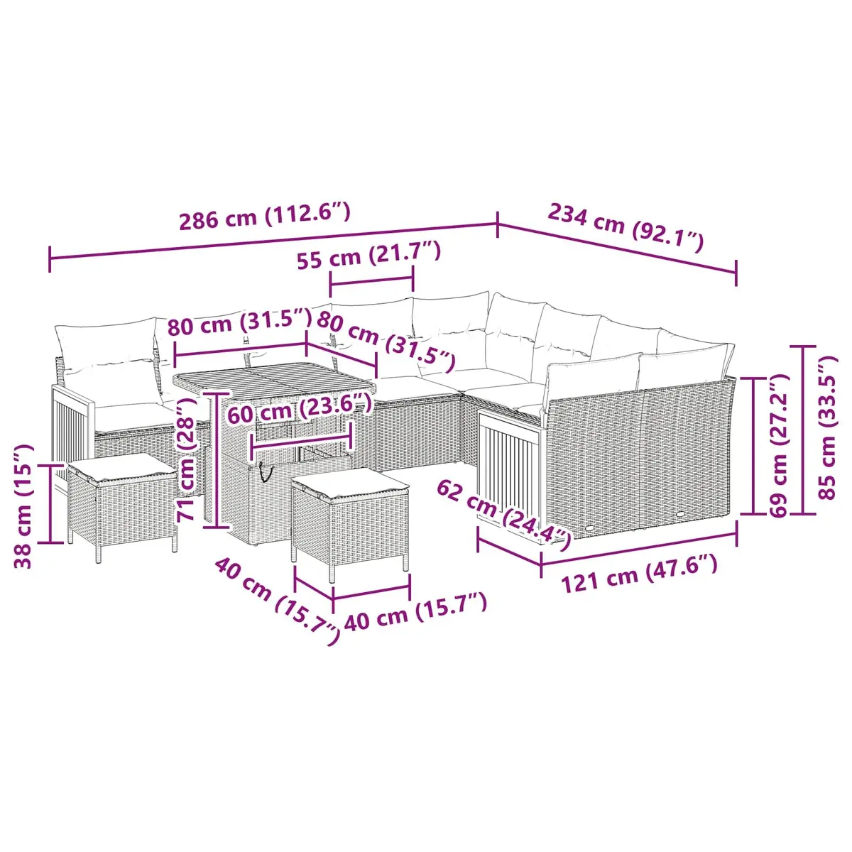 Outdoor Garden Sofa Set 12 Pieces Black Poly Rattan Patio Furniture with