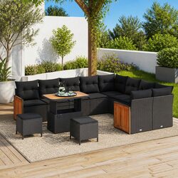 Outdoor Garden Sofa Set 12 Piece Black Poly Rattan Patio Lounge Seating Cushions