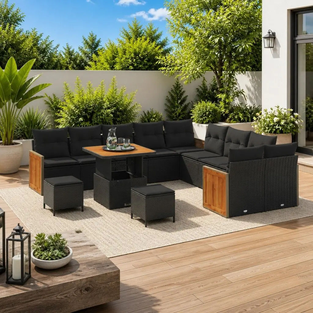 13 Piece Patio Furniture Set for Garden Outdoor Space Black Poly Rattan with Cushions