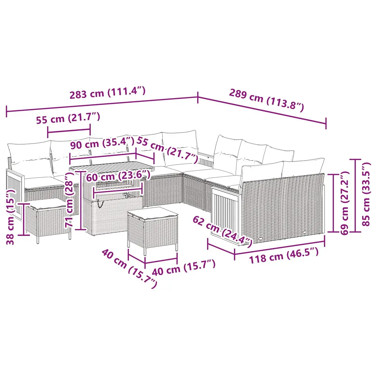 Black Patio Sofa Set 13 Piece for Outdoor Gardens and Terraces with Removable Cushions and Powder Coated Steel Frame