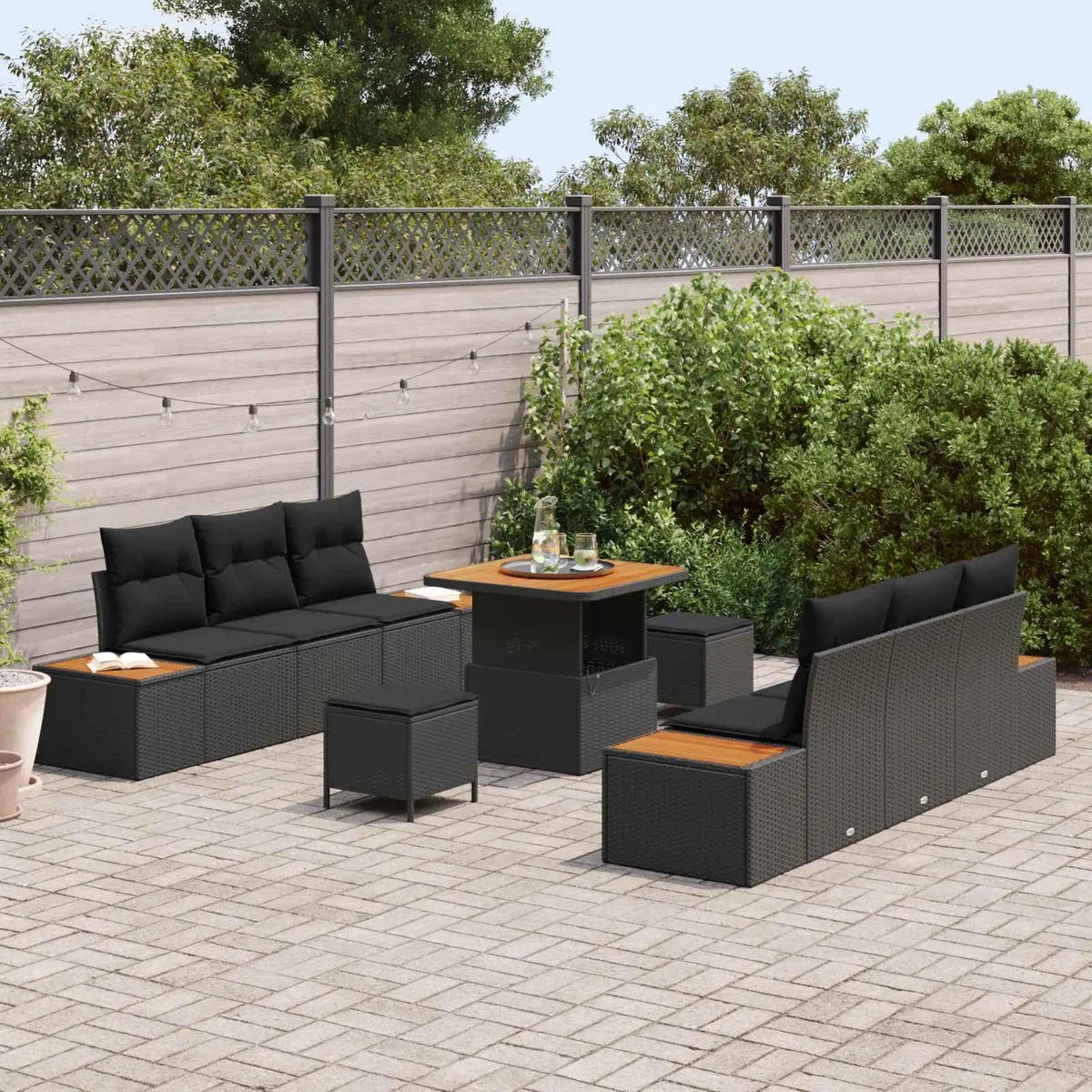 Outdoor Garden Sofa Set 9 Piece Modular Black Poly Rattan Steel Frame