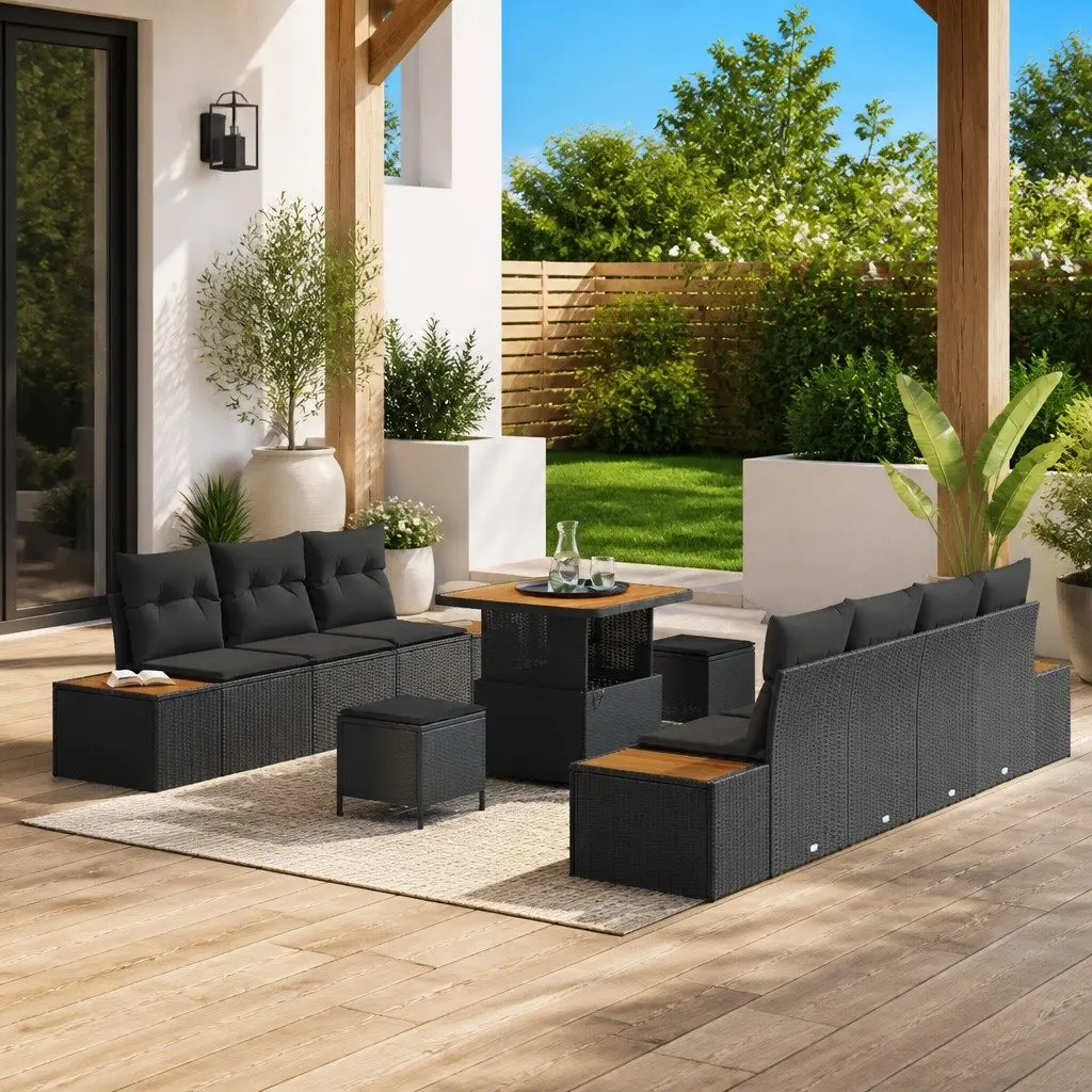 10 Piece Modular Sofa Set for Outdoor Garden Use Black Poly Rattan with Cushions and Height Adjustable Tabletop