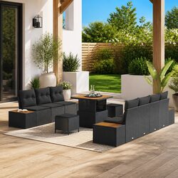 Outdoor Garden Sofa Set 10 Piece Black Poly Rattan Patio Furniture with Cushions
