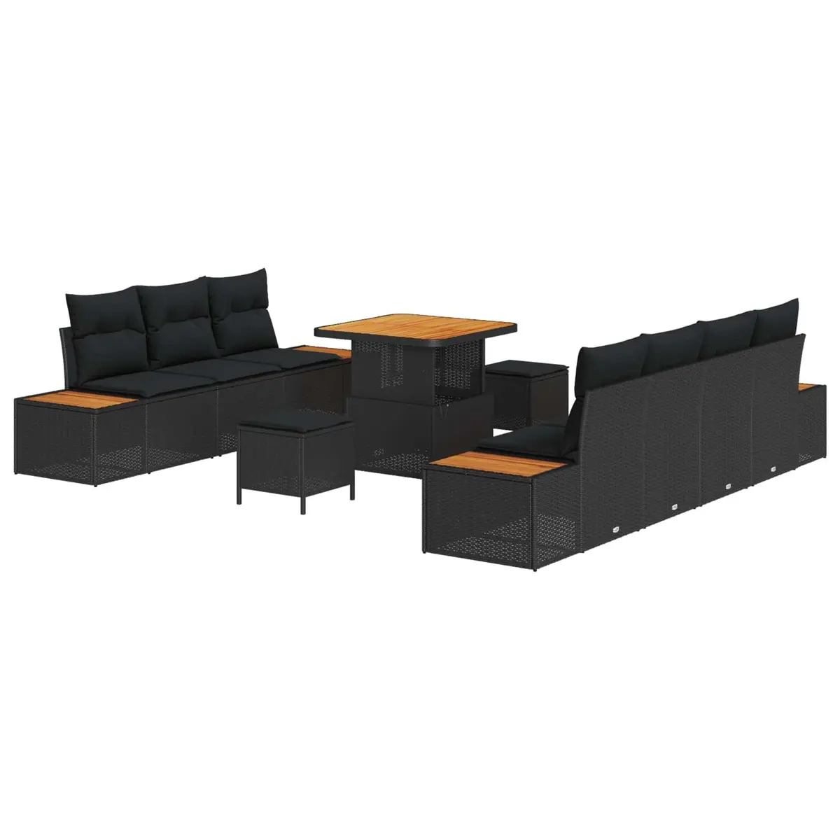 10 Piece Modular Sofa Set for Outdoor Garden Use Black Poly Rattan with Cushions and Height Adjustable Tabletop