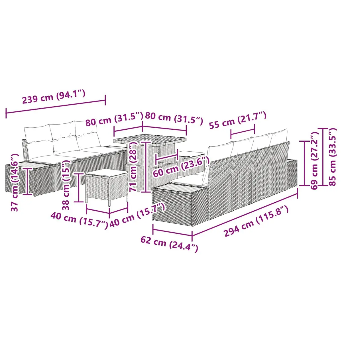 10 Piece Modular Sofa Set for Outdoor Garden Use Black Poly Rattan with Cushions and Height Adjustable Tabletop