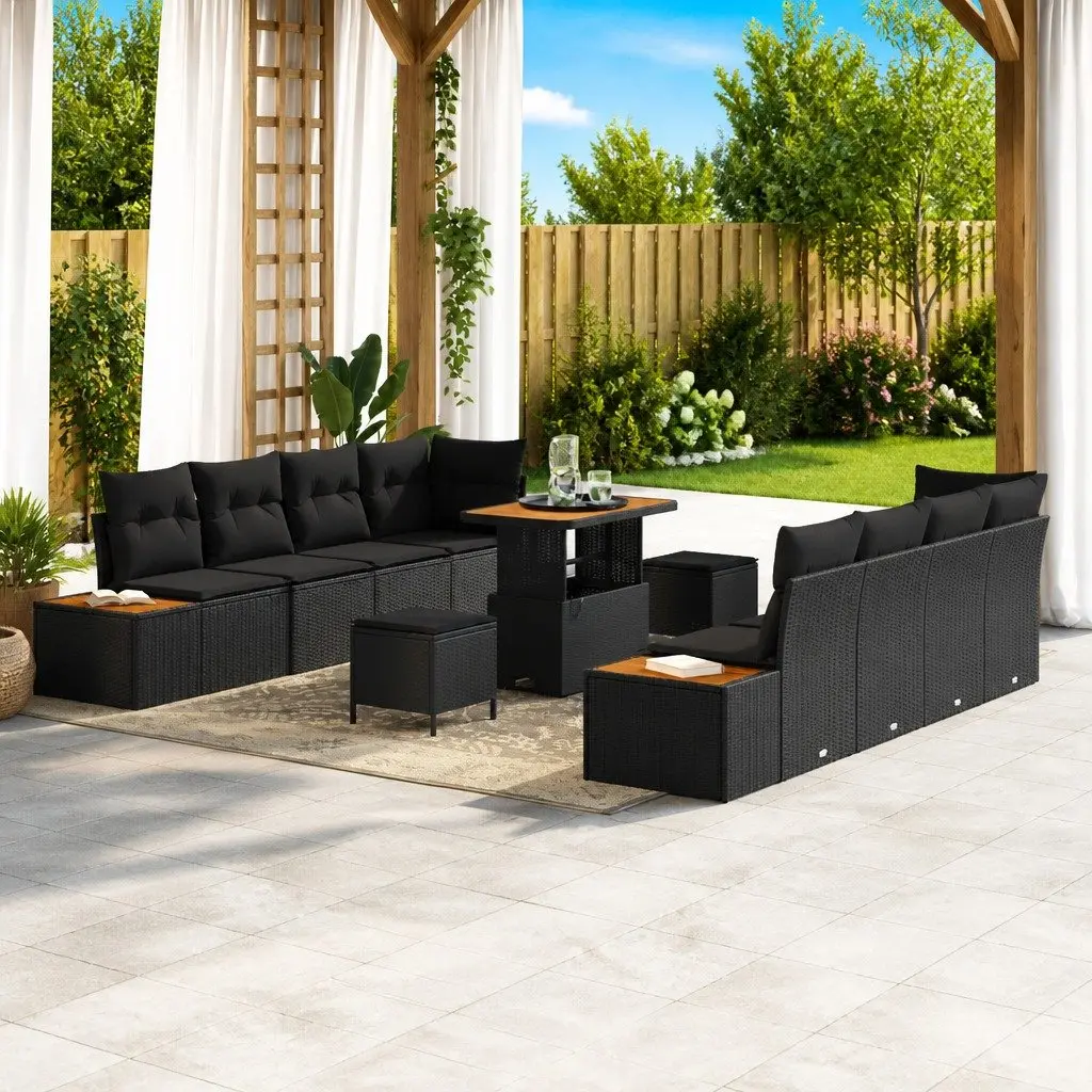 Garden Sofa Set 11 Pieces Outdoor Seating Black Poly Rattan Steel Frame