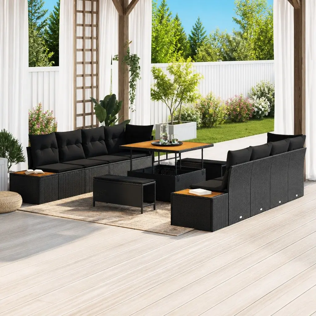 Outdoor Seating Furniture Garden Sofa Set 11 Pieces Black Poly Rattan Steel Frame