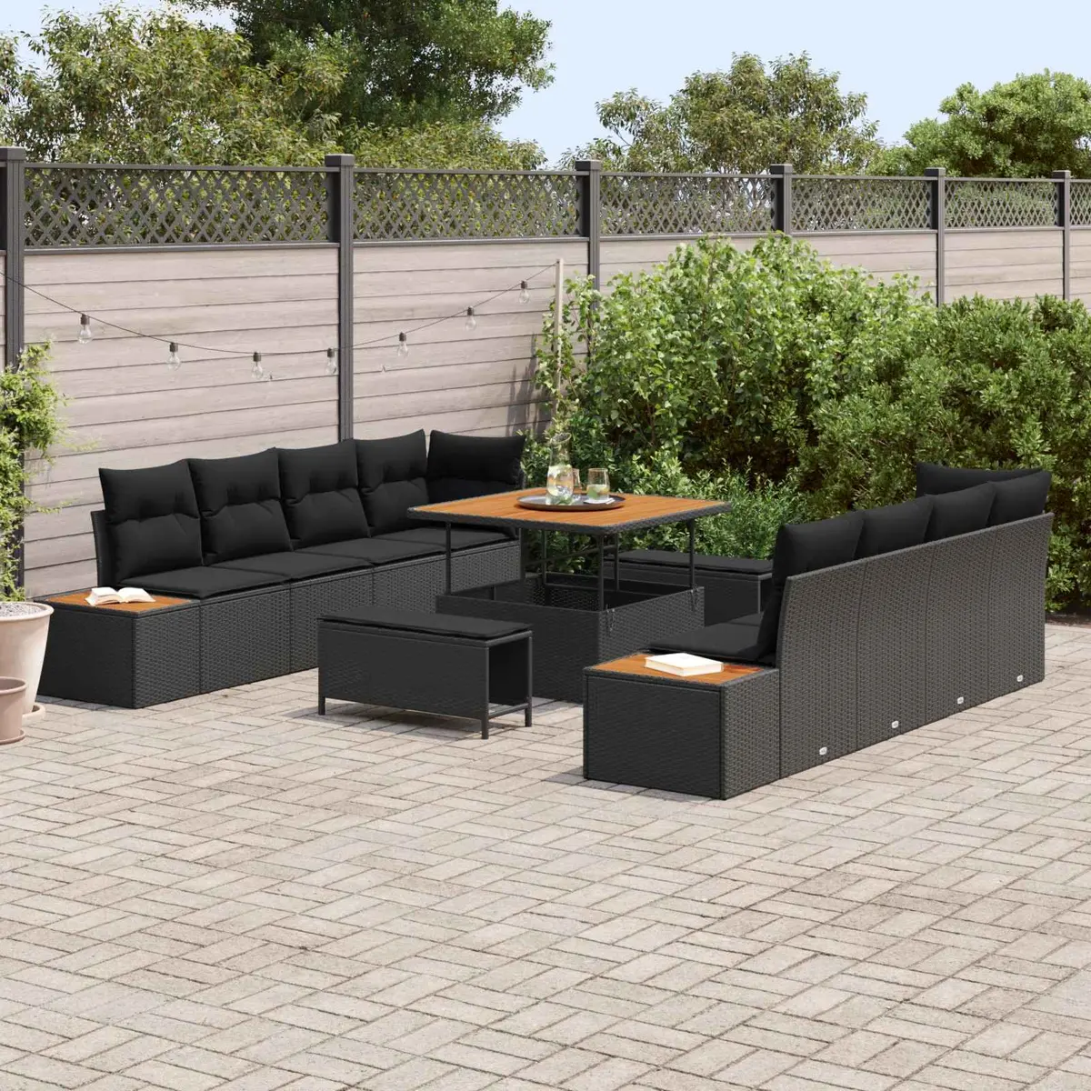Outdoor Seating Furniture Garden Sofa Set 11 Pieces Black Poly Rattan Steel Frame