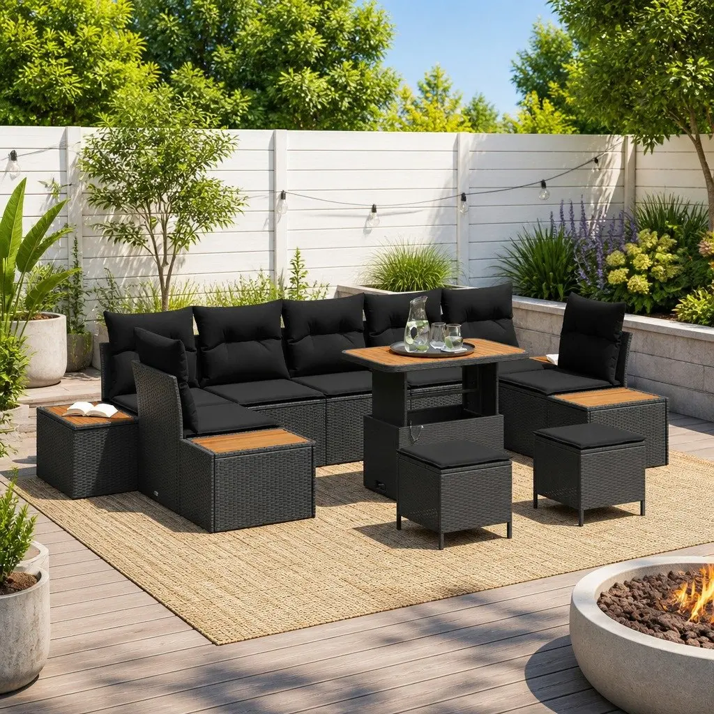Modular Outdoor Garden Sofa Set 10 Pieces Black Poly Rattan Steel for Patio