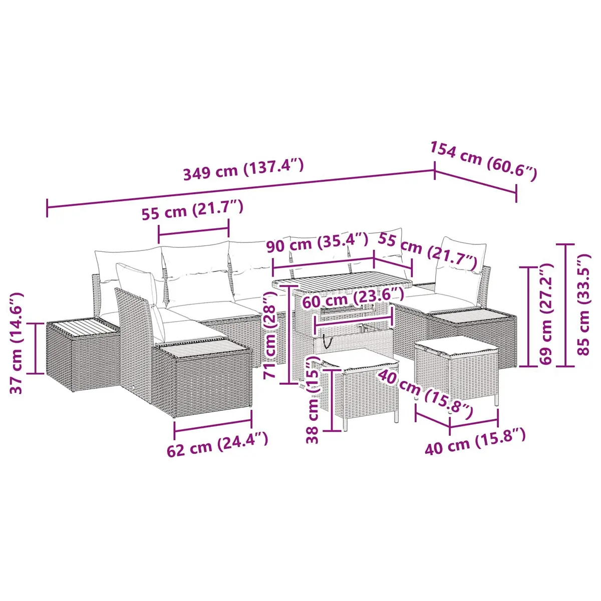 Modular Outdoor Garden Sofa Set 10 Pieces Black Poly Rattan Steel for Patio