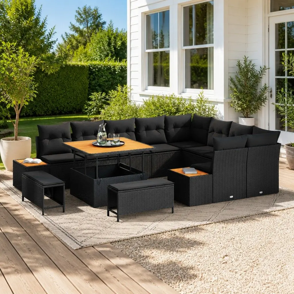 12 Piece Outdoor Garden Sofa Set Adjustable Table Black Poly Rattan