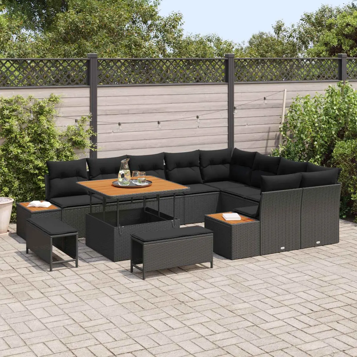 12 Piece Outdoor Garden Sofa Set Adjustable Table Black Poly Rattan
