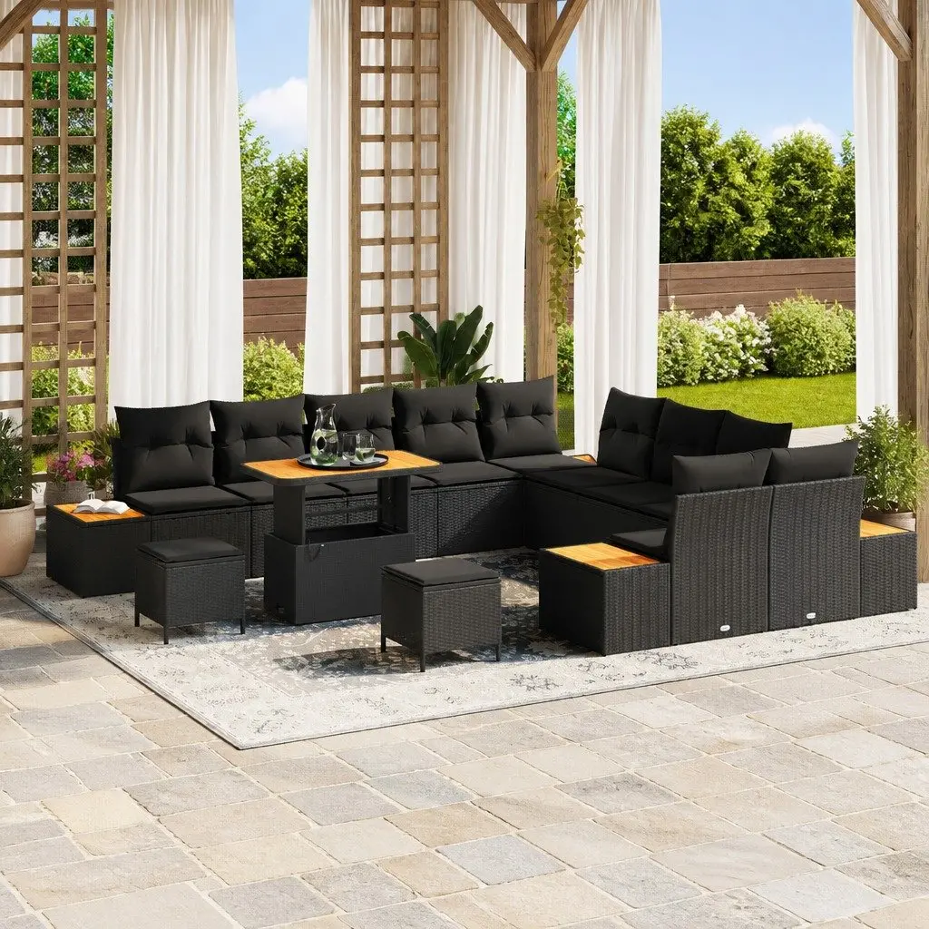 13-Piece Black Poly Rattan Sofa Set