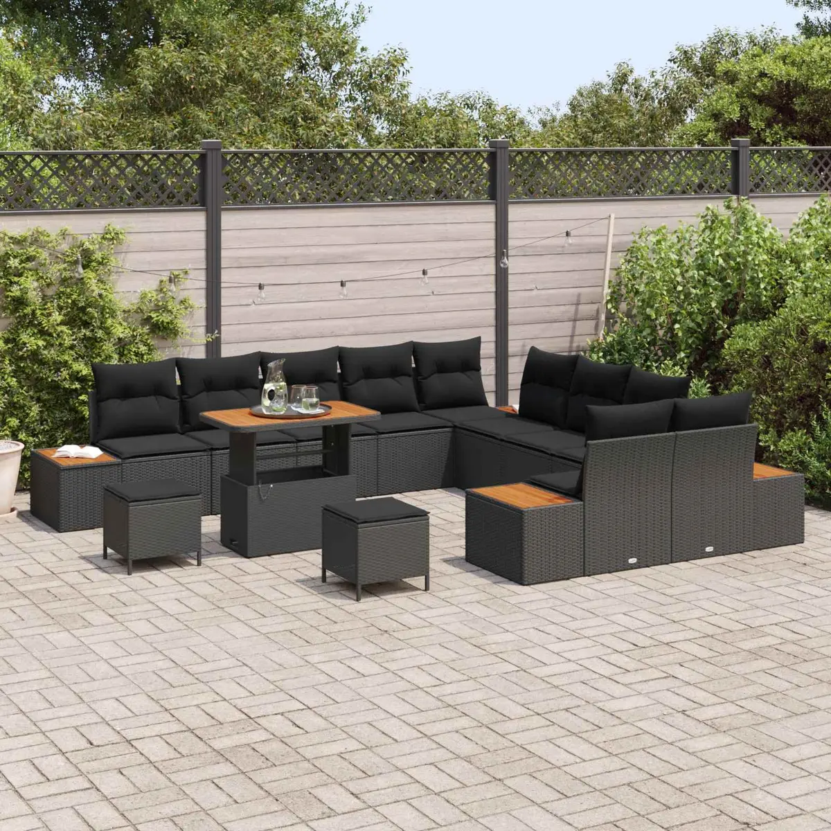 13-Piece Black Poly Rattan Sofa Set