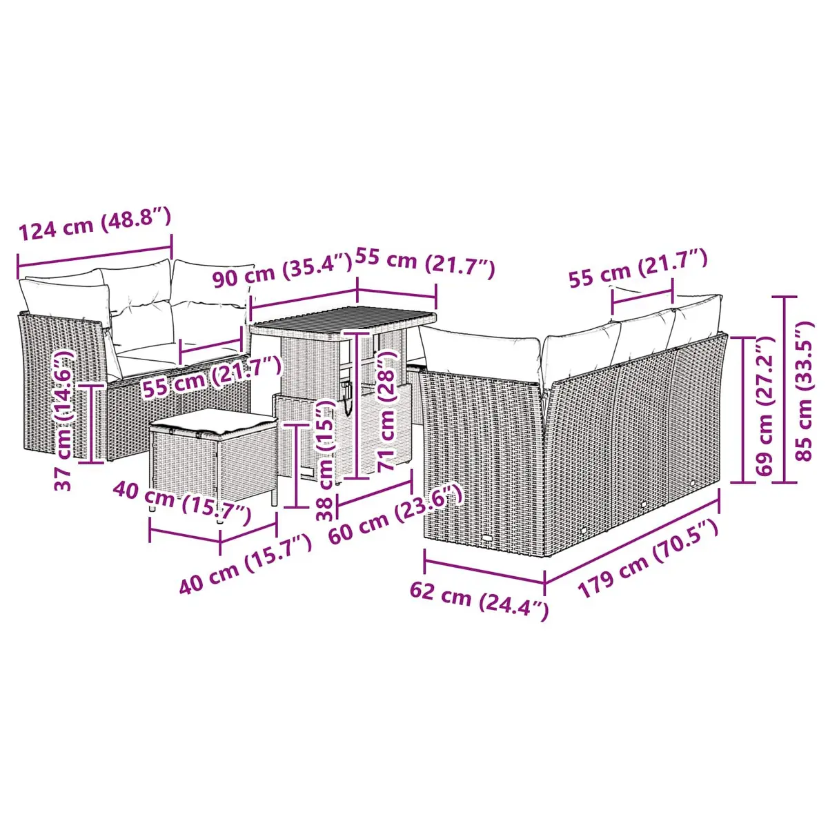 Modular Outdoor Sofa Set 8 Pieces Black Poly Rattan Steel for Terrace and Garden
