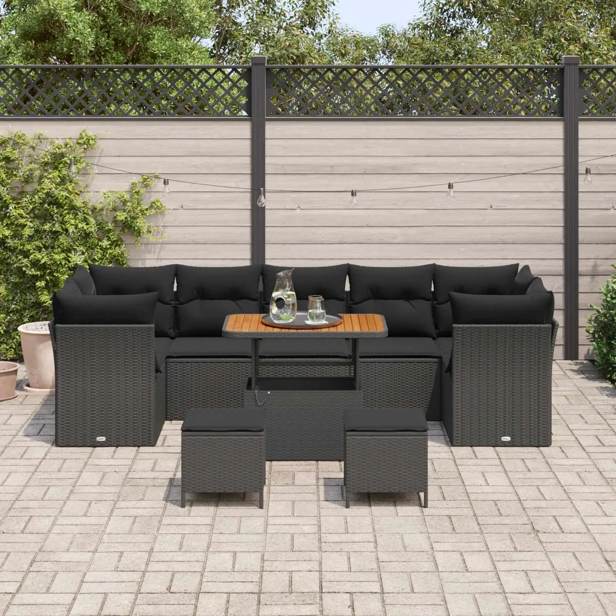 Modular Garden Sofa Set for Outdoor Living with Height-Adjustable Table and Storage Benches Black