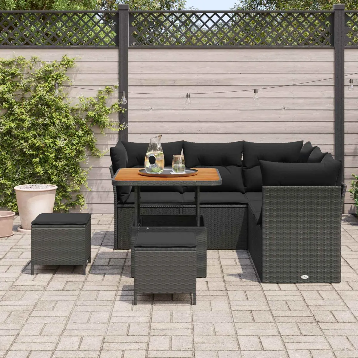 Outdoor Garden Sofa Set 8 Pieces Black Poly Rattan Steel Frame Modular Seating