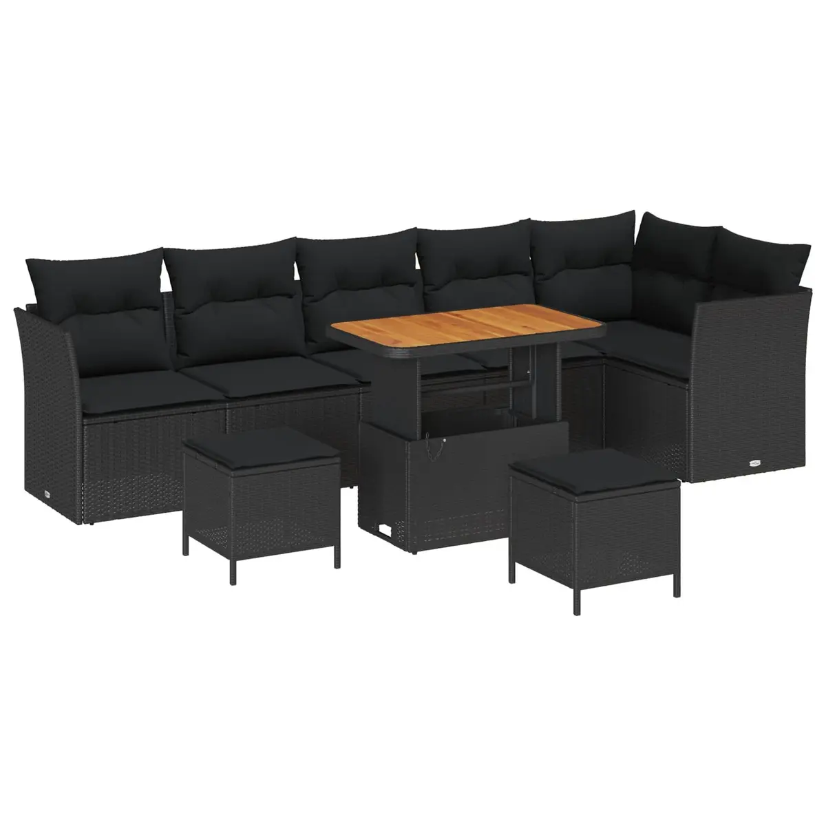 Garden Sofa Set Outdoor Use Black Poly Rattan Steel Frame with Cushions 9 Piece