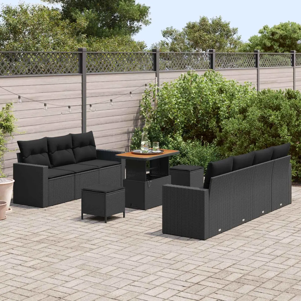 10 Piece Black Outdoor Modular Sofa Set with Cushions and Storage for Garden and Patio