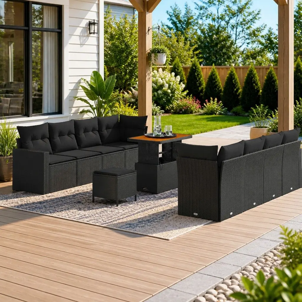 Modular Garden Sofa Set for Outdoor Use 12 Piece Black Poly Rattan Cushion Sectional Lounge