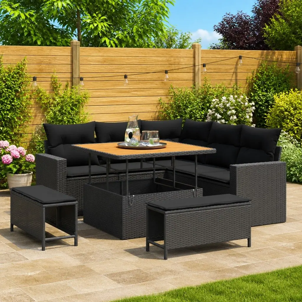 Modular Outdoor Seating Sofa Set for Garden and Patio 9 Pieces Black Poly Rattan Furniture