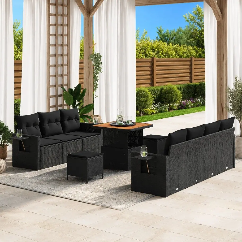 Modular Garden Sofa Set for Outdoor Use with Storage Benches and Adjustable Acacia Wood Table Black 10 Piece