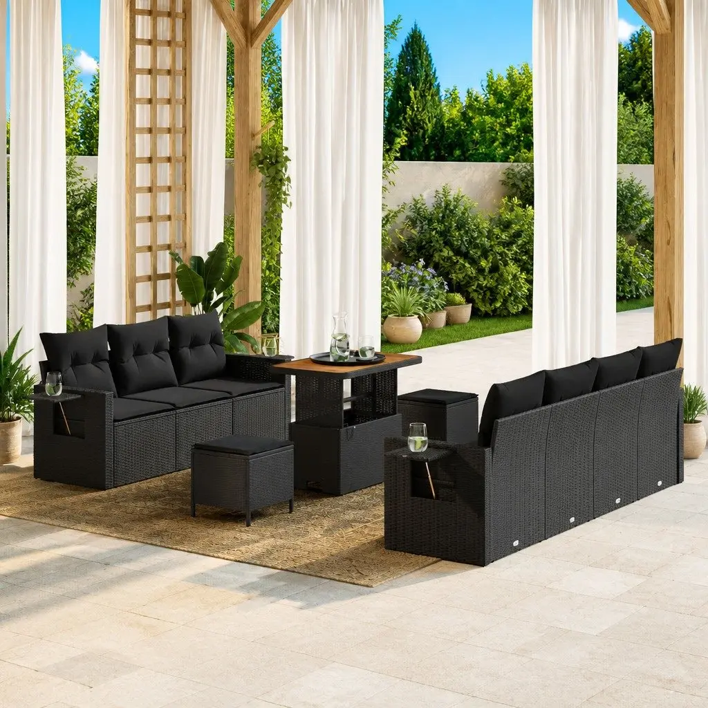 10 Piece Modular Outdoor Seating Set Black Poly Rattan with Storage and Adjustable Acacia Wood Tabletop for Garden and Patio