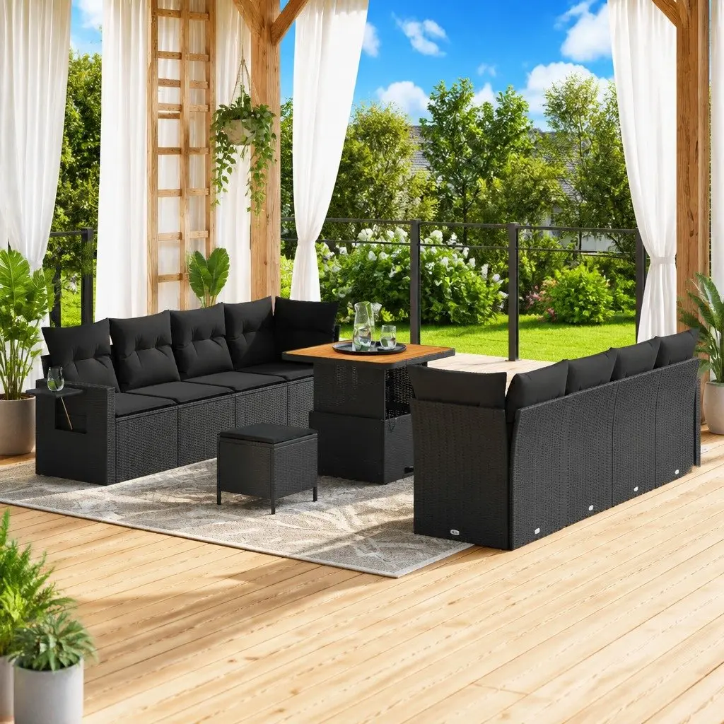 Modular Black Poly Rattan Outdoor Sofa Set with Height Adjustable Table for Garden and Patio