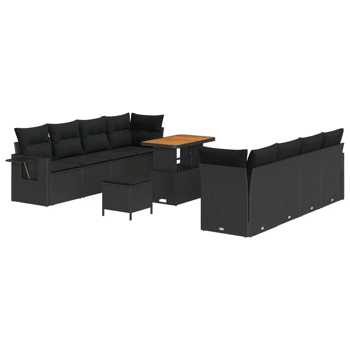 Modular Outdoor Lounge Set Black Poly Rattan Garden Sofa with Adjustable Acacia Wood Tabletop