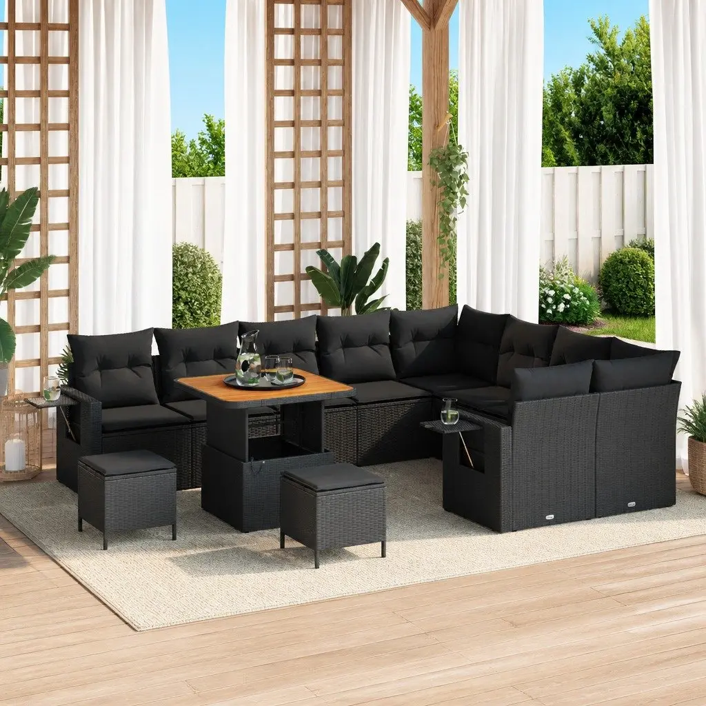 12 Piece Outdoor Modular Sofa Set for Garden with Black Poly Rattan and Weather Resistant Cushions
