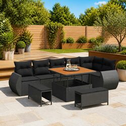 9-Piece Outdoor Sofa Set: Black Poly Rattan & Acacia Wood