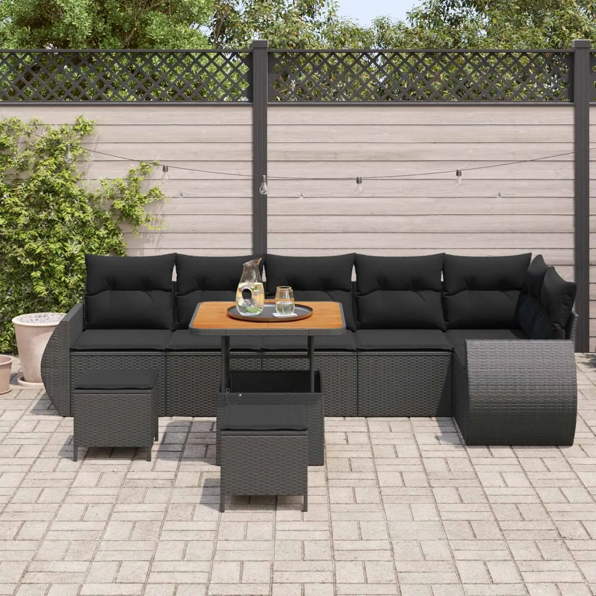 Outdoor Garden Sofa Set 9 Piece Black Poly Rattan Modular Seating with Cushions