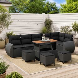 Outdoor Sofa Set: 10-Piece Black Poly Rattan Collection