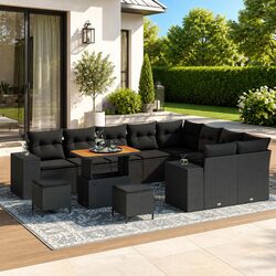 Modular Garden Sofa Set 12 pcs Black - Poly Rattan & Acacia Wood