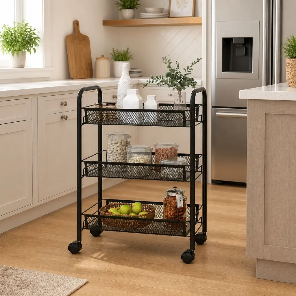 3-Tier Kitchen Trolley Black Storage Cart with Wheels for Kitchen Bathroom Office